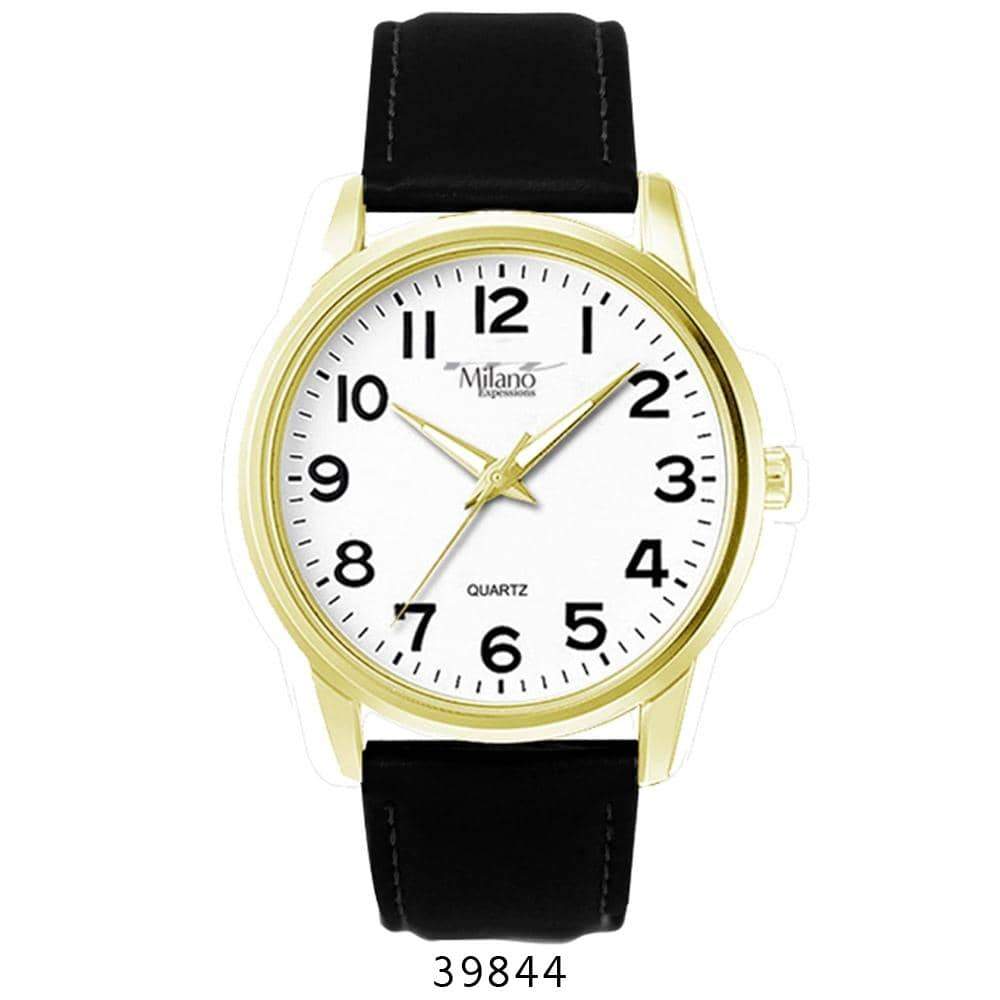 A Orchid Millie quartz wristwatch with a white dial, black numerals, gold casing, and vegan leather band, displaying the number 39844 below.