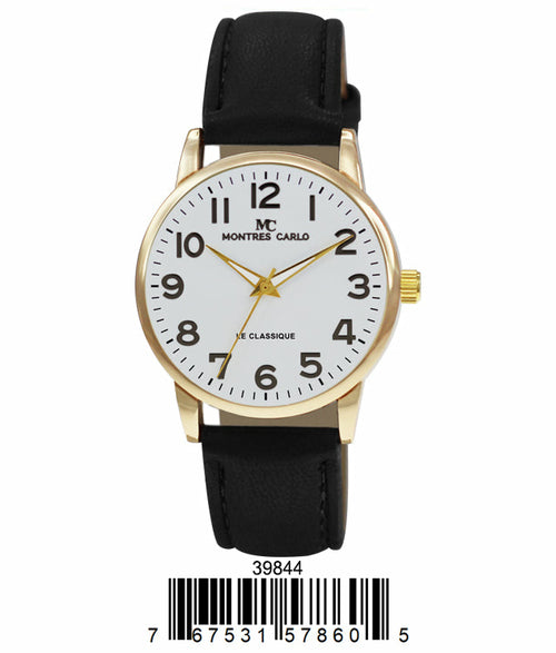 Analog quartz watch with a white dial, marked by black numerals and the logo "montres carlo le classique," featuring a Vegan Leather Banded Watch by Orchid Millie. The watch has a golden casing and a barcode below.