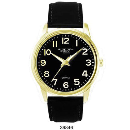 Analog wristwatch with a black dial, gold case, and Orchid Millie vegan leather band, displaying the time at ten minutes past ten.