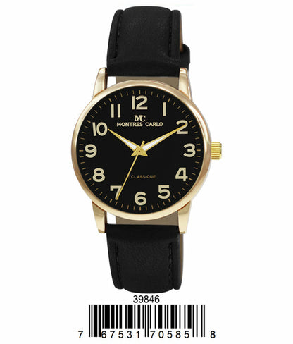 An elegant Orchid Millie wristwatch with a black face, gold casing and details, featuring a vegan leather band. The watch displays the Montres Carlo logo and the word "Classique.