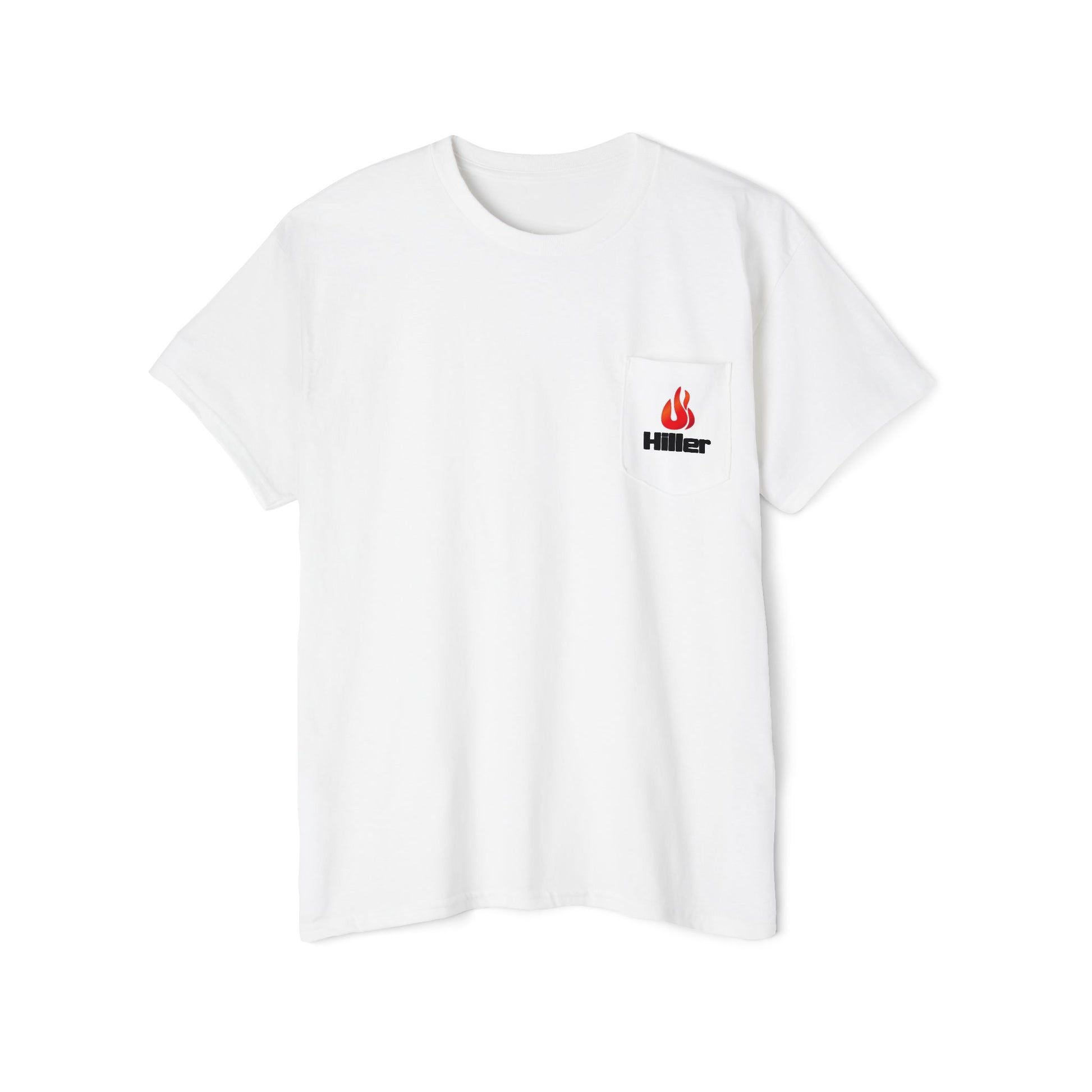 The Printify Unisex Heavy Cotton Pocket Tee in white features a chest pocket with the "Hiller Fire Guys" logo—a flame design and text—making it an essential for any firefighter or outdoor enthusiast's wardrobe.