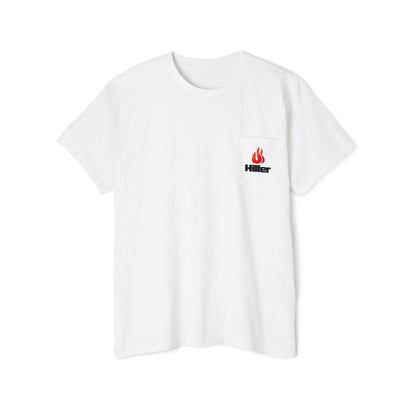 The Printify Unisex Heavy Cotton Pocket Tee in white features a chest pocket with the "Hiller Fire Guys" logo—a flame design and text—making it an essential for any firefighter or outdoor enthusiast's wardrobe.