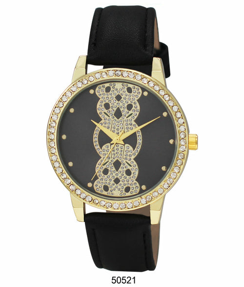 Elegant Ladies - Vegan Leather Band Watch from Orchid Millie, with a gold casing and a dial embellished with crystals arranged in an hourglass pattern.