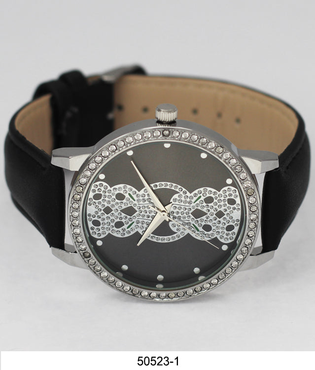 A Ladies - Vegan Leather Band Watch by Orchid Millie, decorated with a crystal-encrusted bow design on its dark face.