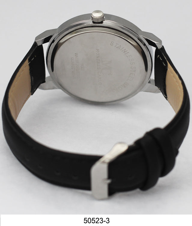 Rear view of a stainless steel watch with a black Orchid Millie vegan leather band and buckle closure.