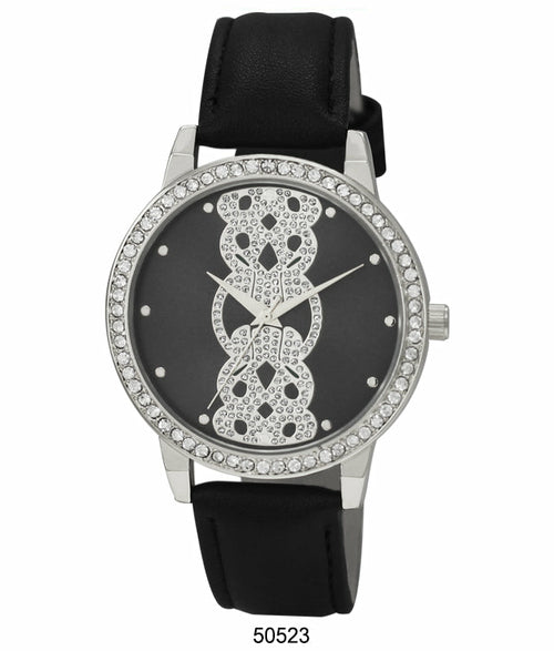 Analog Ladies - Vegan Leather Band Watch with a black dial, and a crystal-embellished bear design on the face by Orchid Millie.