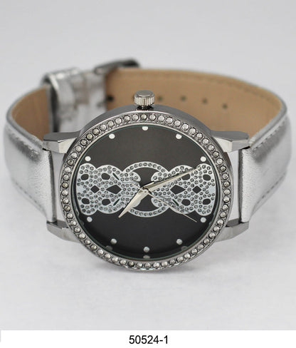 Silver-toned Orchid Millie wristwatch with a black face adorned with crystal embellishments and a complementary Orchid Millie vegan leather band.