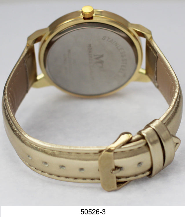 Gold-toned eco-conscious Orchid Millie watch with a beige vegan leather band, viewed from the back.