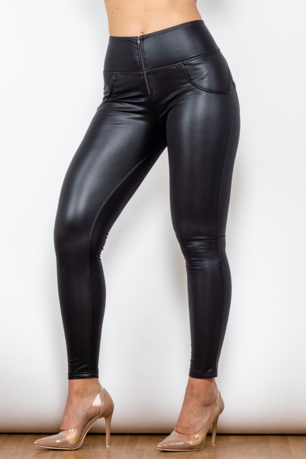 Full Size Vegan Leather Zip Detail Leggings