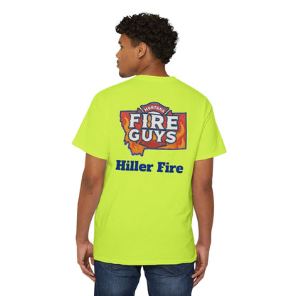Someone is wearing a vibrant green Printify Unisex Heavy Cotton Pocket Tee featuring "Fire Guys Hiller Fire" on the back, seamlessly combining comfort and style.
