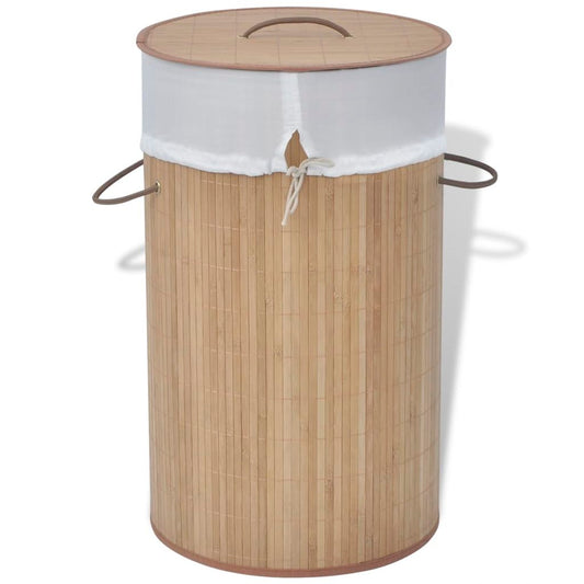 Round sustainable bamboo laundry bin with lid and handles, by Emerald Ares.