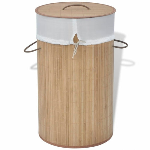 Round Sustainable Bamboo Laundry Bin with white fabric lid and side handles by Emerald Ares.