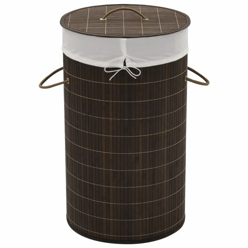 Round Sustainable Bamboo Laundry Bin with a lid and carrying handles, featuring an eco-friendly bamboo striped design by Emerald Ares.