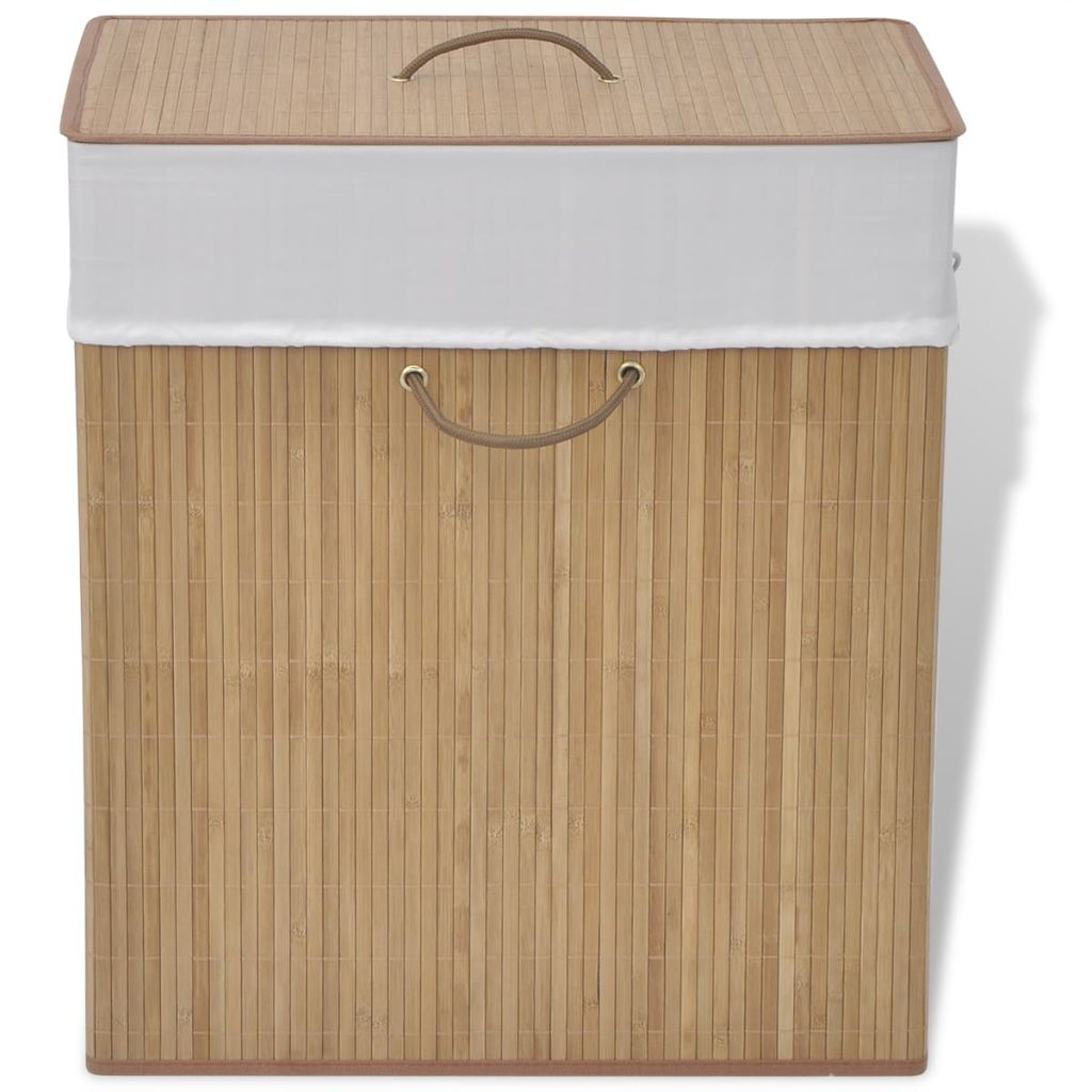 Sustainable Bamboo Laundry Bin with a lid and eco-friendly fabric liner by Emerald Ares.