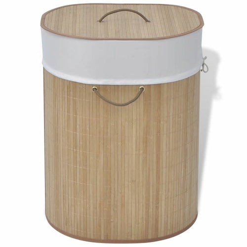 Round sustainable Sustainable Bamboo Laundry Bin with a white fabric liner and a lid by Emerald Ares.