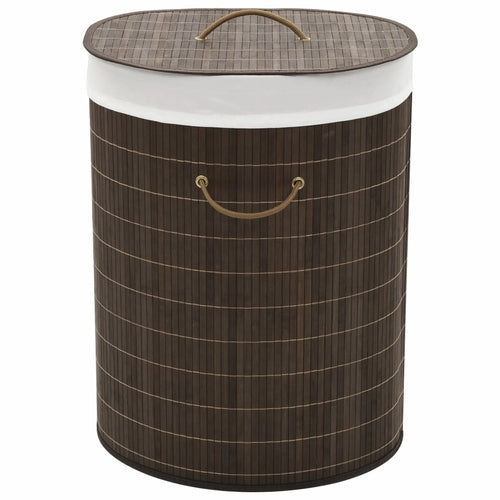 Round Sustainable Bamboo Laundry Bin with a lid and side handles by Emerald Ares.