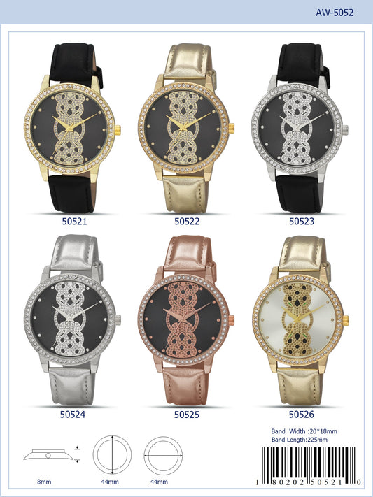 A collection of six Orchid Millie Ladies Vegan Leather Band Watches with Mickey Mouse silhouettes on the faces, featuring different eco-conscious vegan leather band and dial color combinations.