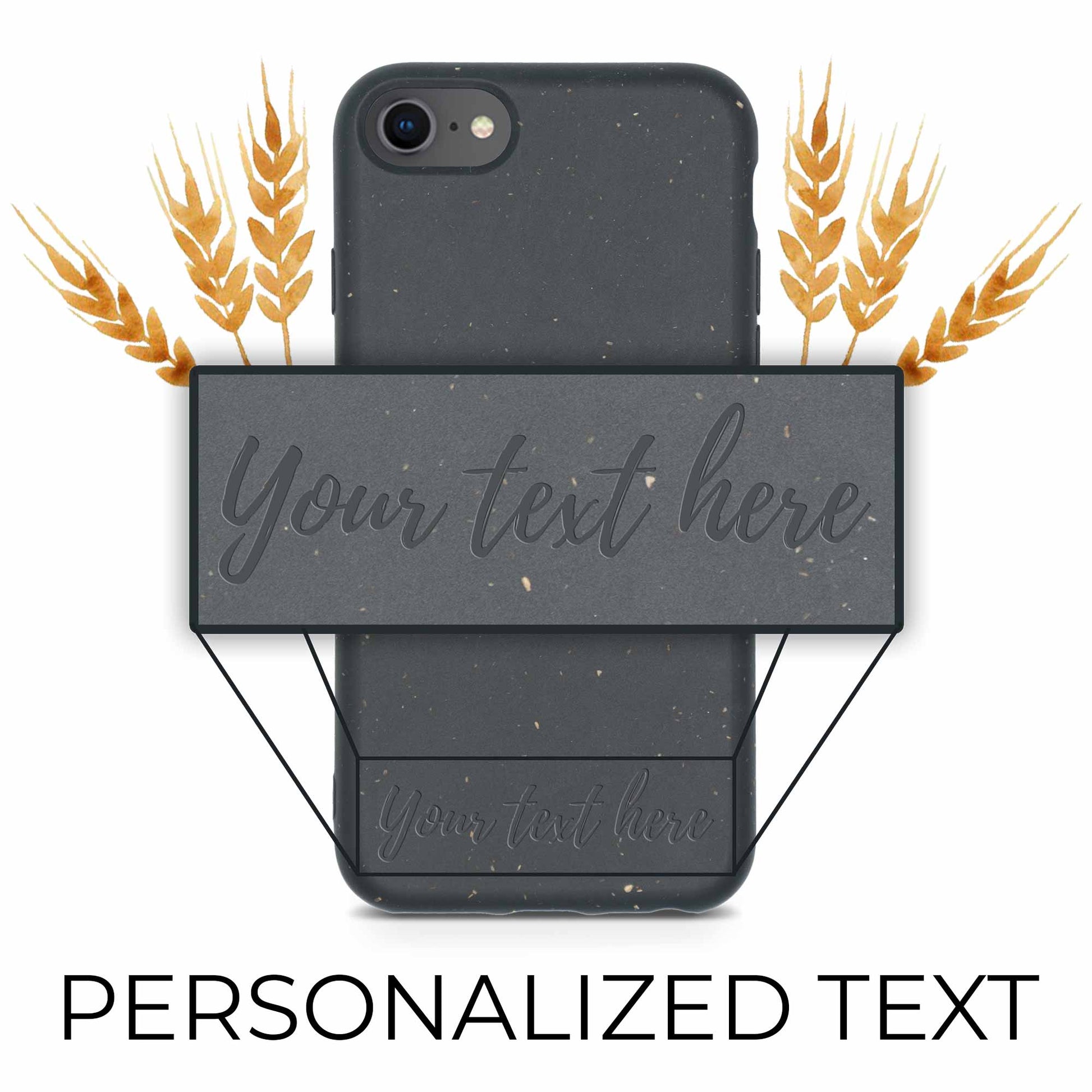 Biodegradable Personalized Tan Lily Smartphone Case design featuring wheat illustrations and customizable text areas on a speckled grey background, made from biodegradable materials.