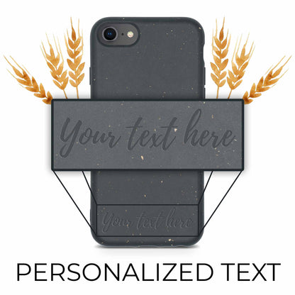 Biodegradable Personalized Tan Lily Smartphone Case design featuring wheat illustrations and customizable text areas on a speckled grey background, made from biodegradable materials.