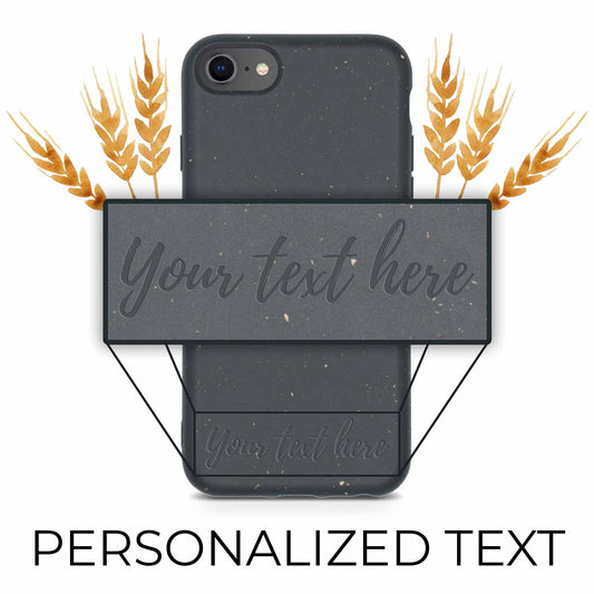 Biodegradable Personalized Tan Lily Smartphone Case design featuring wheat illustrations and customizable text areas on a speckled grey background, made from biodegradable materials.
