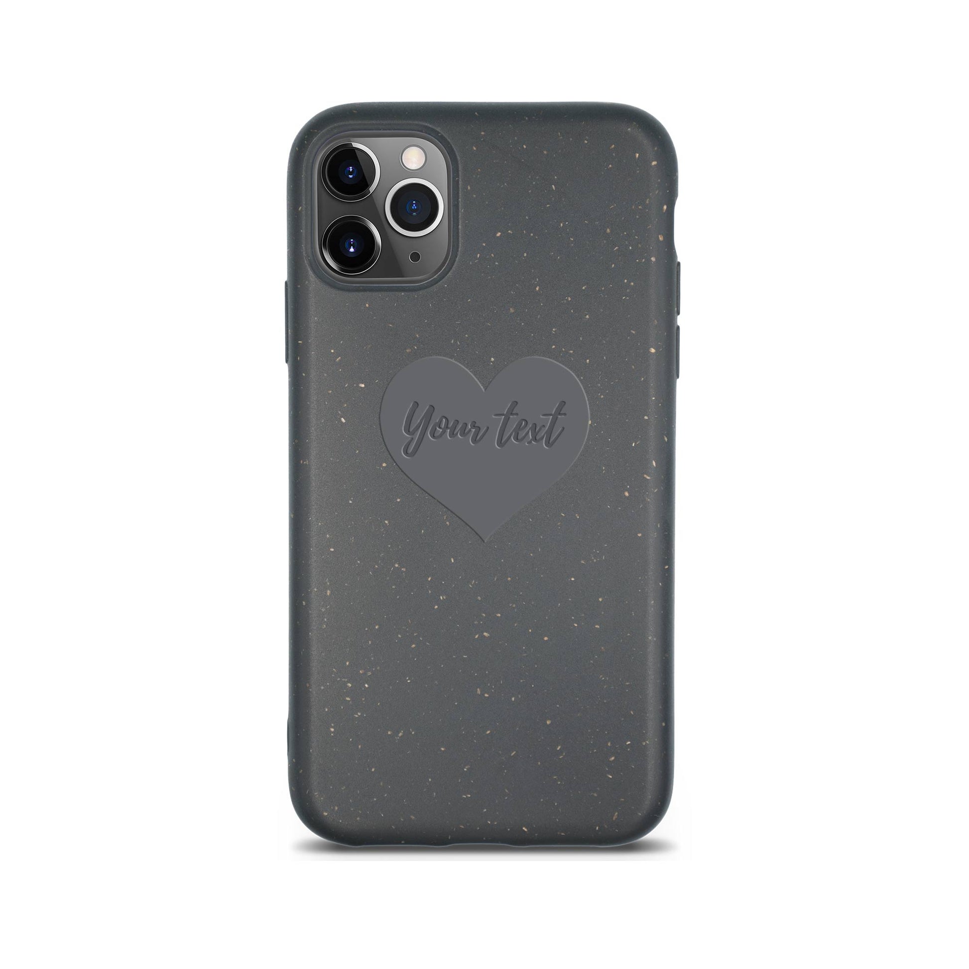Black iPhone case with a heart-shaped "Your text" logo, compatible with a three-camera phone, isolated on a white background. This personalized Tan Lily phone case adds a unique touch to your device.