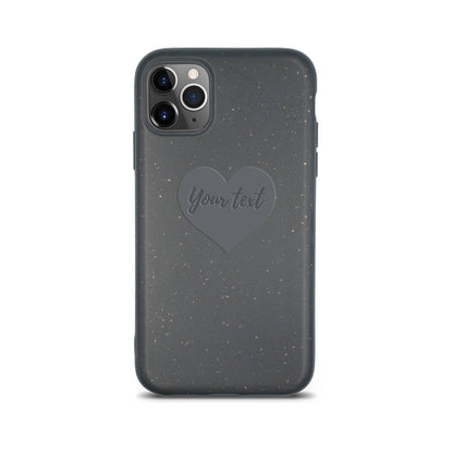 Black iPhone case with a heart-shaped "Your text" logo, compatible with a three-camera phone, isolated on a white background. This personalized Tan Lily phone case adds a unique touch to your device.