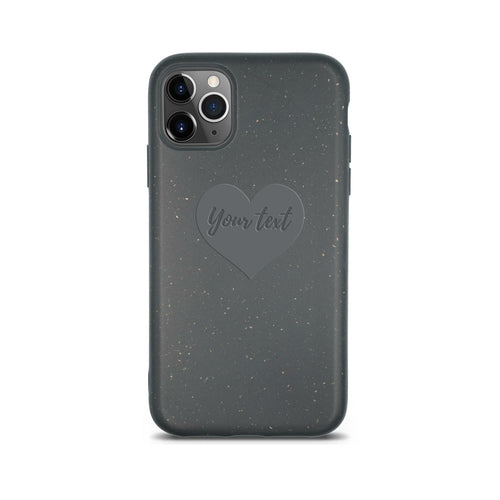 A customizable, eco-friendly Biodegradable Personalized Iphone Case in dark gray with speckled detailing and a heart-shaped space for personalized text, designed for a phone with three cameras from Tan Lily.