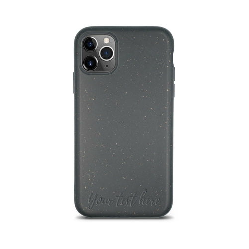 Tan Lily Biodegradable Personalized Iphone Case - Black smartphone with a speckled case and three camera lenses, featuring editable text space on the case.