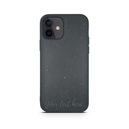 A dark gray eco-friendly phone case with speckle pattern and customizable text area on a plain, light background. 
Product: Tan Lily Biodegradable Personalized Iphone Case - Black