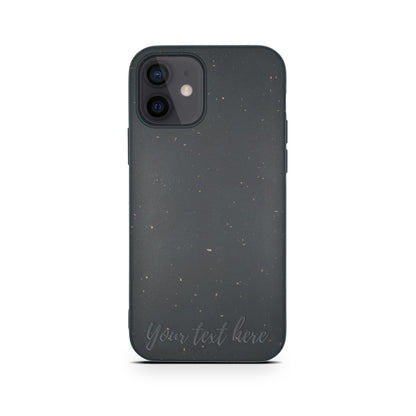 Biodegradable Personalized Iphone Case - Black from Tan Lily, with customizable text area and dual camera cutout on a white background.