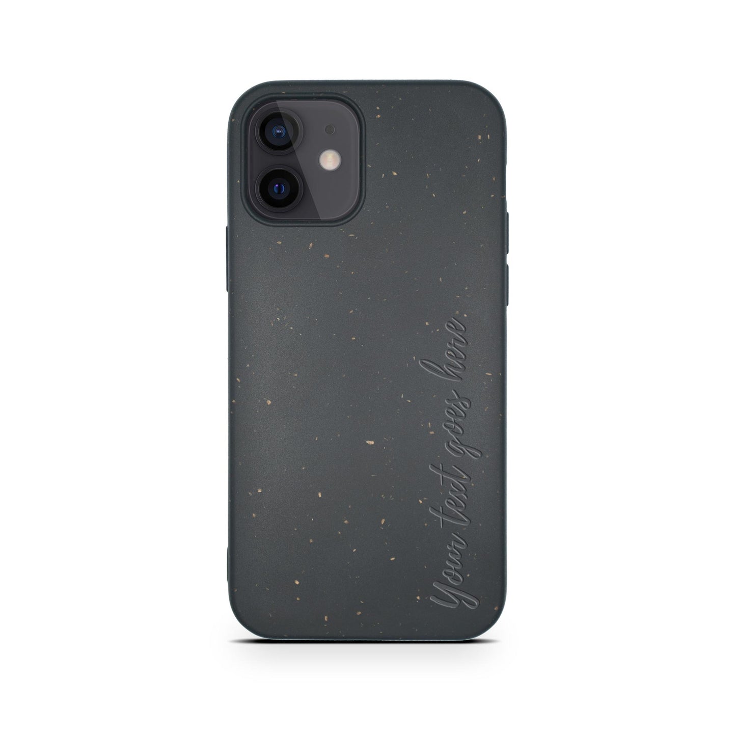 Tan Lily's biodegradable personalized iPhone case in black with gold speckles and cursive text "Your best life" on a white background is eco-friendly.