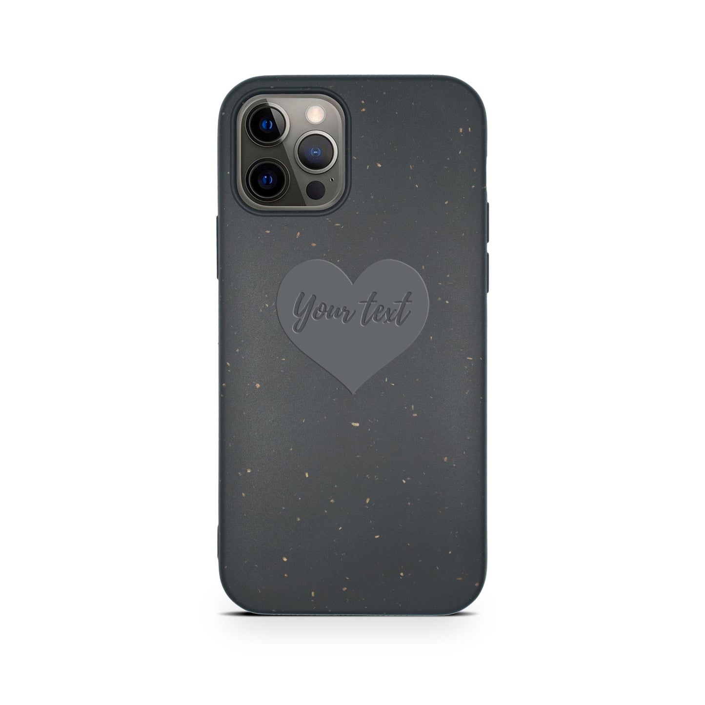 A smartphone with a Tan Lily Biodegradable Personalized iPhone Case in black featuring a heart-shaped area labeled "Your text" and speckles of gold-like particles.