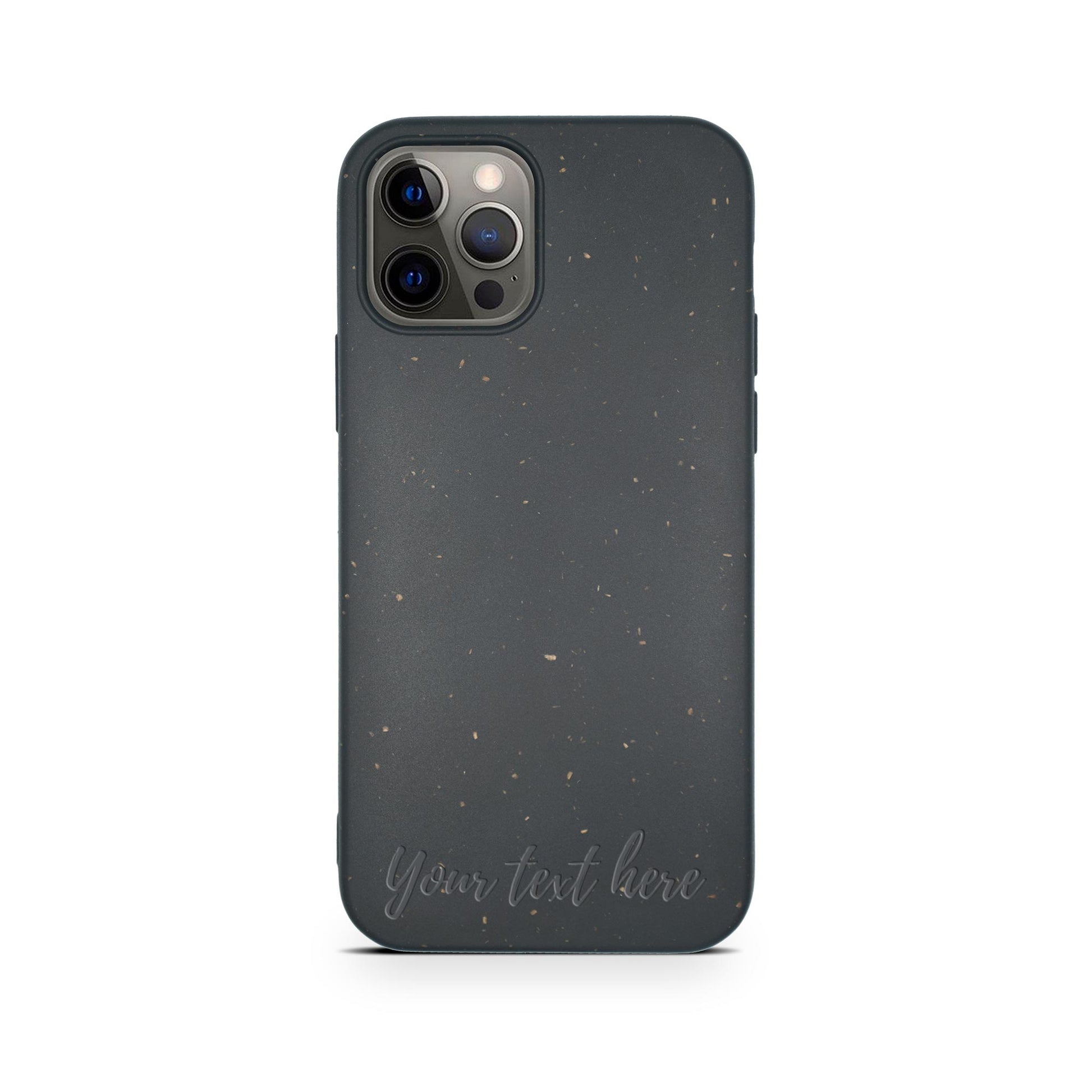 A smartphone with a Tan Lily Biodegradable Personalized iPhone Case - Black and triple camera lenses, featuring customizable text "Your text here" on the case.