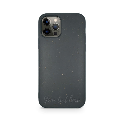 Smartphone with a Tan Lily biodegradable personalized iPhone case in black, displaying text "Your text here" and triple-lens camera.