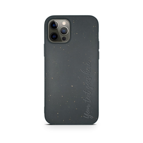 A Tan Lily biodegradable personalized iPhone case in black with gold speckles and cursive text that reads "you're just right.
