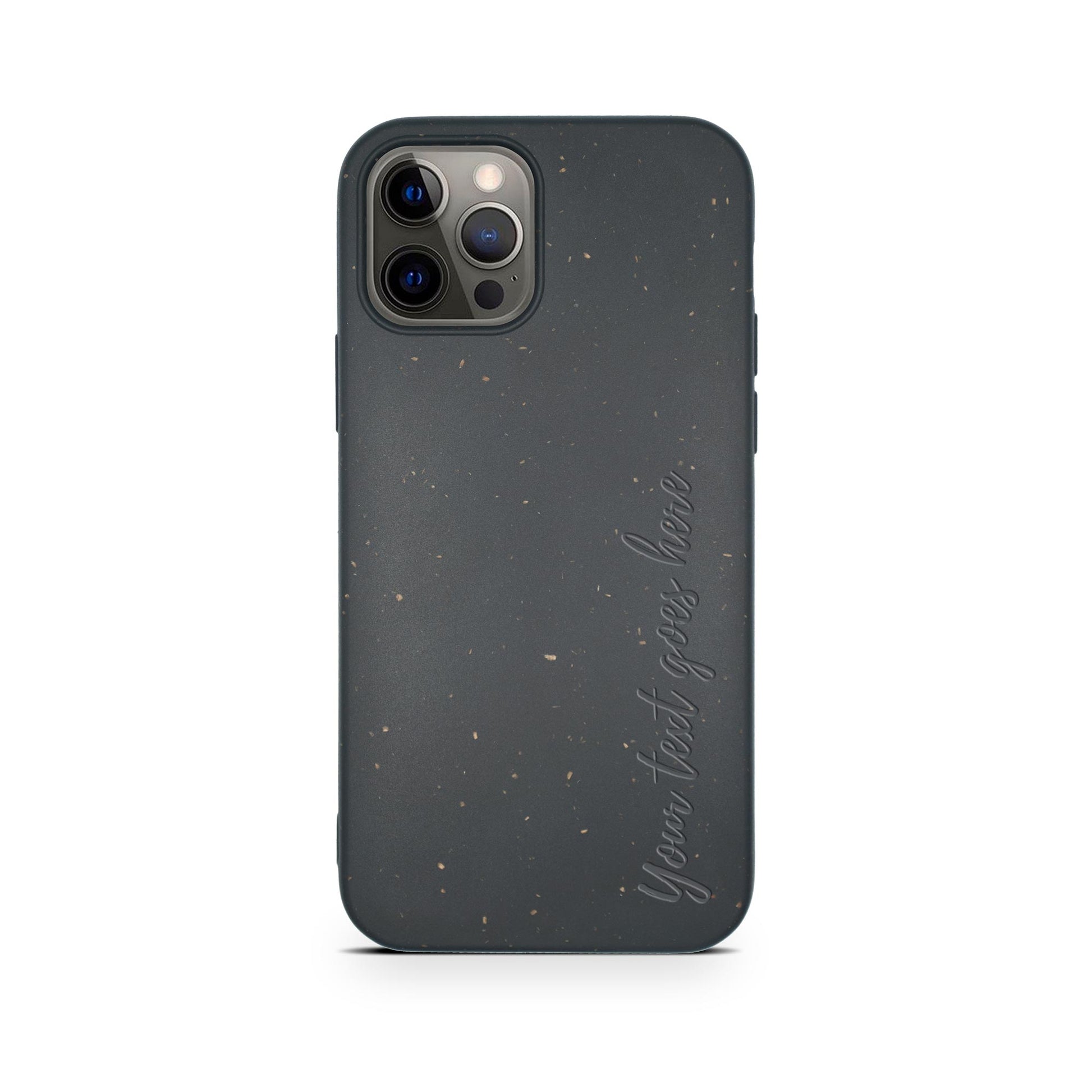Biodegradable Personalized Iphone Case in Black by Tan Lily with gold speckles and script writing, featuring a triple-lens camera.