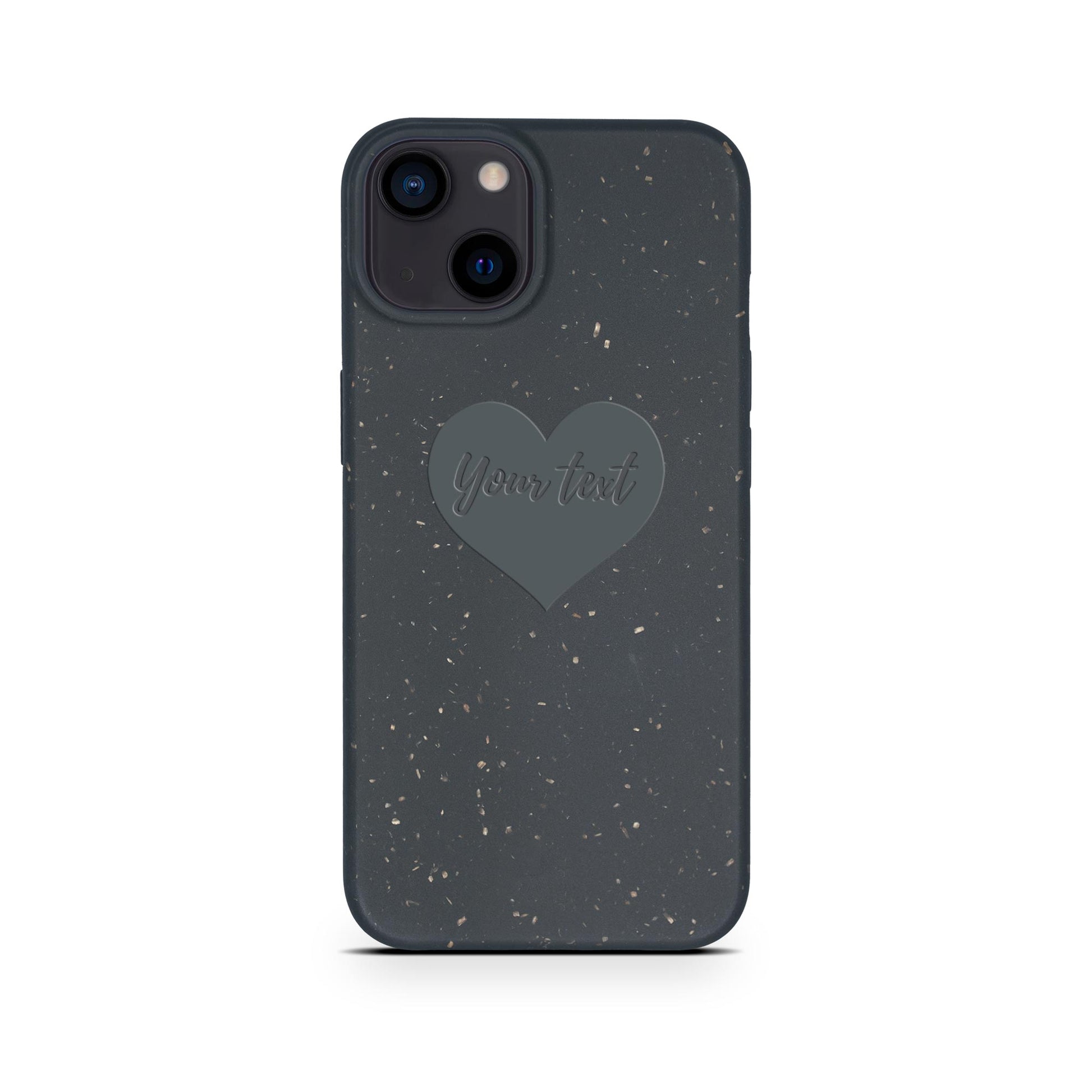 Biodegradable Personalized Tan Lily iPhone Case featuring a black speckled design and a central heart-shaped cutout with the text "Your text" on it, designed for dual-lens camera models.