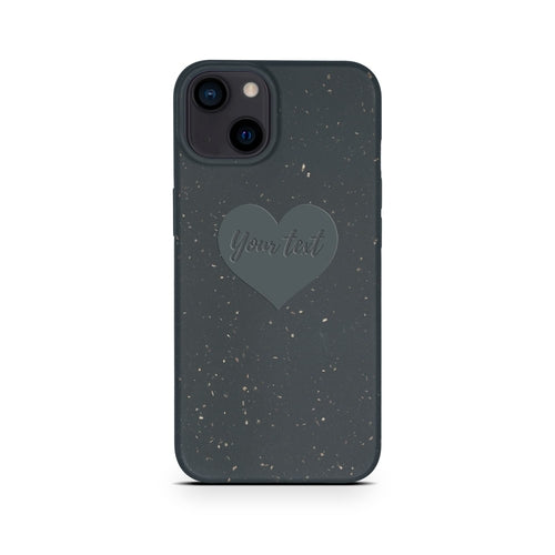 A Tan Lily Biodegradable Personalized Iphone Case - Black with flecks and a heart-shaped design labeled "Your text" for a dual-camera smartphone.