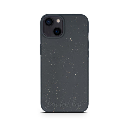 Biodegradable Personalized Iphone Case - Black by Tan Lily, with gold speckles and customizable text area, isolated on white background.