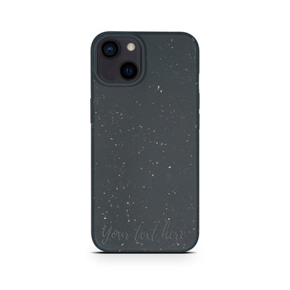 A Tan Lily biodegradable personalized iPhone case in black with a speckled gray design and personalized text at the bottom, designed for a dual-camera smartphone.