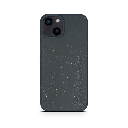 A Tan Lily biodegradable personalized iPhone case in black, with cursive text saying "when it felt just right" covering the back, designed for a dual-camera phone.