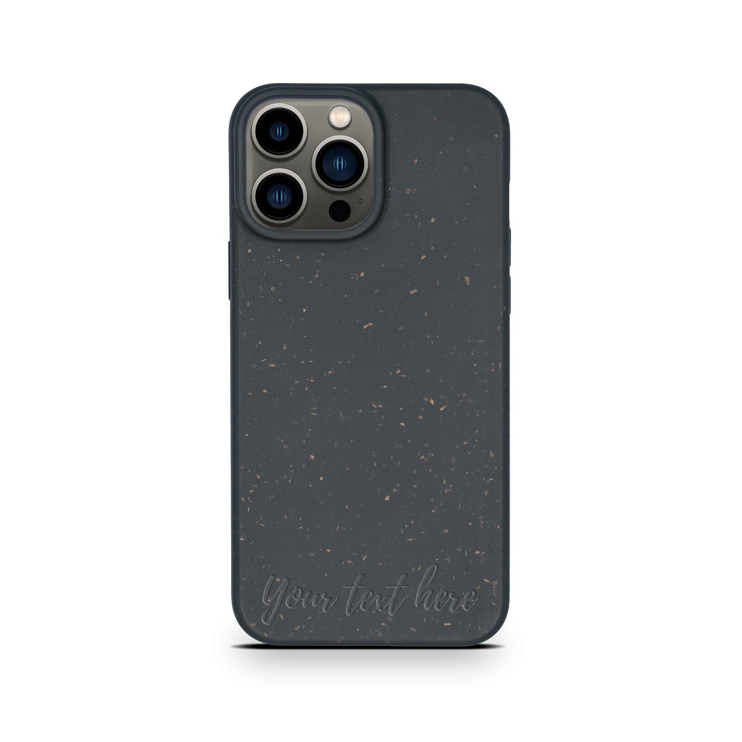 Tan Lily Biodegradable Personalized Black Iphone Case with speckled design and customizable text area, featuring triple camera cutouts.