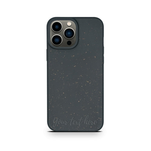 A Biodegradable Personalized Iphone Case in Black from Tan Lily with a speckled design featuring three camera lenses and space for personalized text.