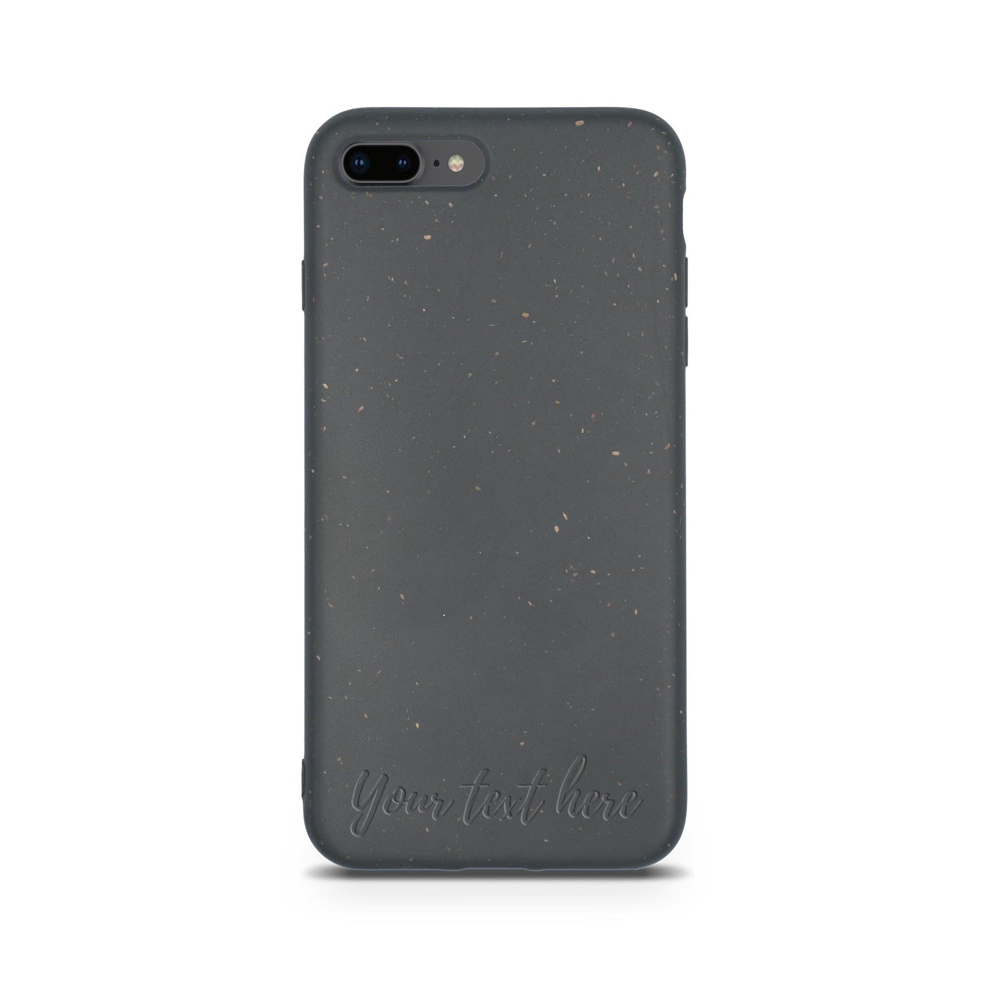 An eco-friendly Biodegradable Personalized Iphone Case in Black with customizable text area displayed on a white background by Tan Lily.