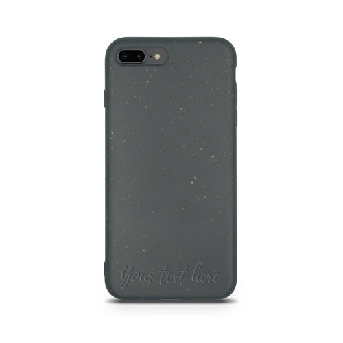 A Tan Lily biodegradable personalized iPhone case in black with speckled design and customizable text area on a white background.