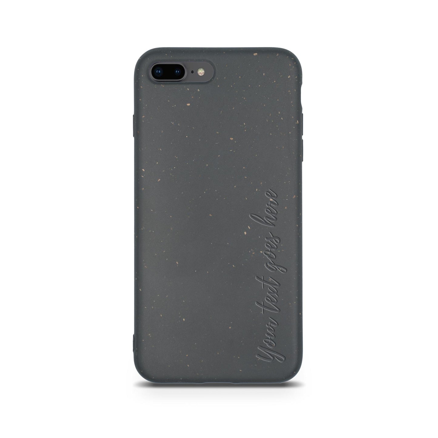 A gray speckled eco-friendly Tan Lily Biodegradable Personalized iPhone Case - Black for an iPhone with the phrase "Your text here" embossed in cursive on the side.