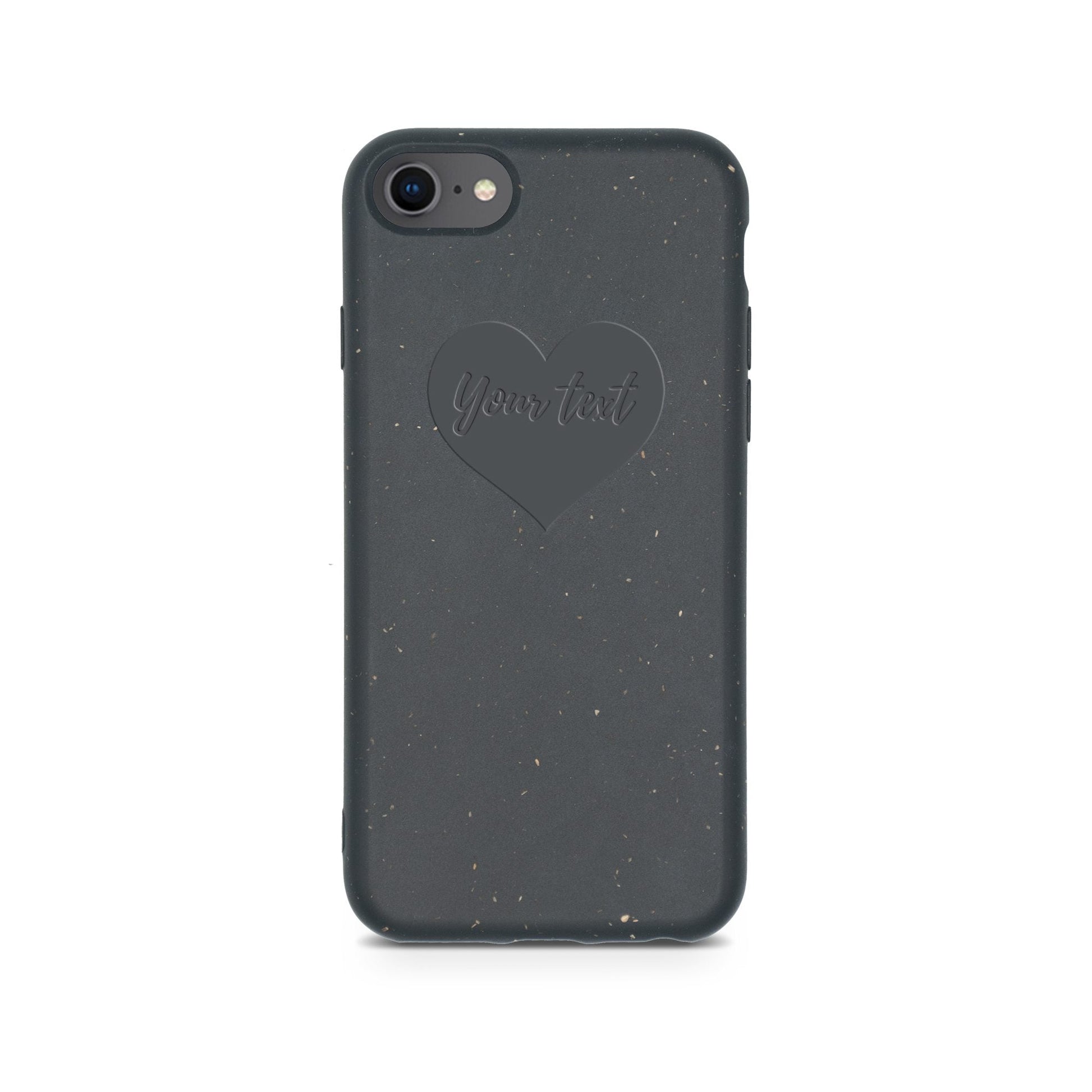 Biodegradable Personalized Iphone Case in Black by Tan Lily, with a heart design and customizable text area, isolated on a white background.