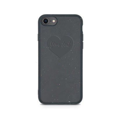 Biodegradable Personalized Iphone Case in Black by Tan Lily, with a heart design and customizable text area, isolated on a white background.