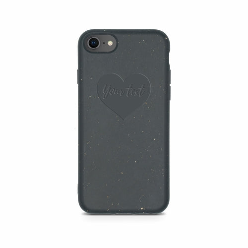 Black Biodegradable Personalized iPhone Case with customizable heart-shaped text area on a white background by Tan Lily.