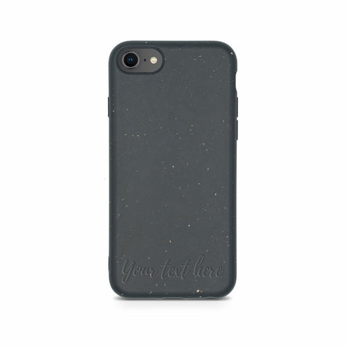 Black Biodegradable Personalized Iphone Case with speckled design and customizable text area on a white background by Tan Lily.